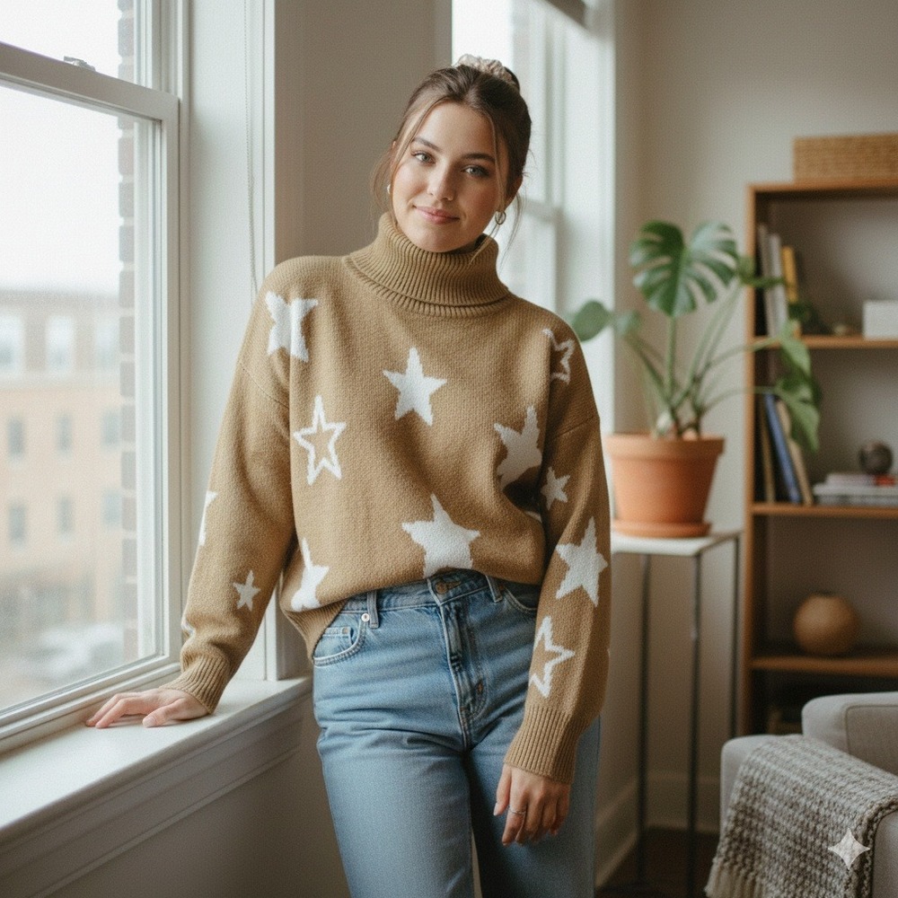 Luca +‎ Grae Tan Star Print Mock Neck Women's Oversized Sweater